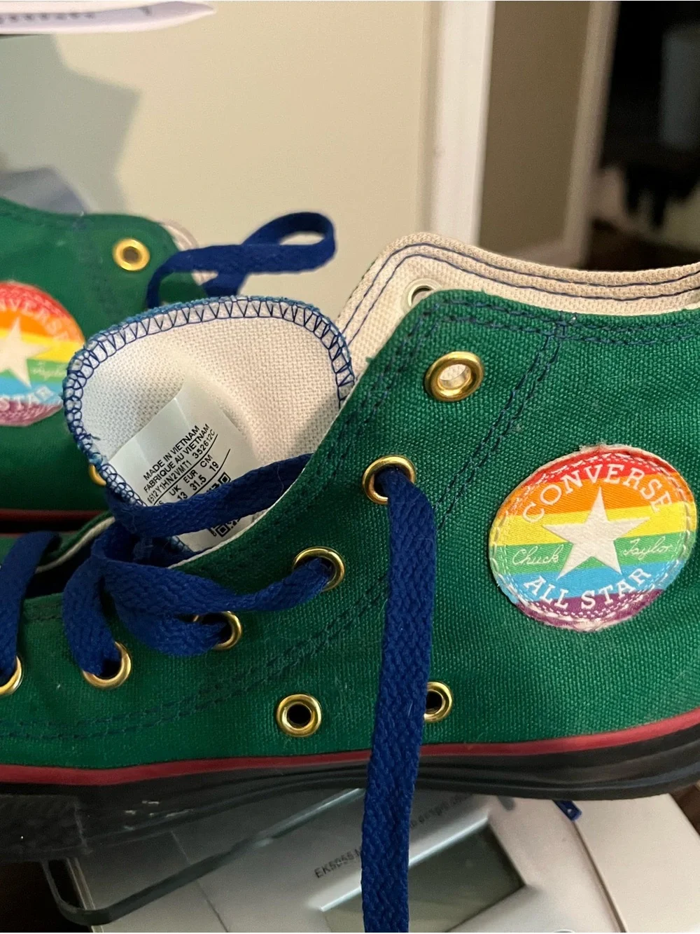 Converse Kids Green High-Top Sneakers with Rainbow Patch and Blue Laces